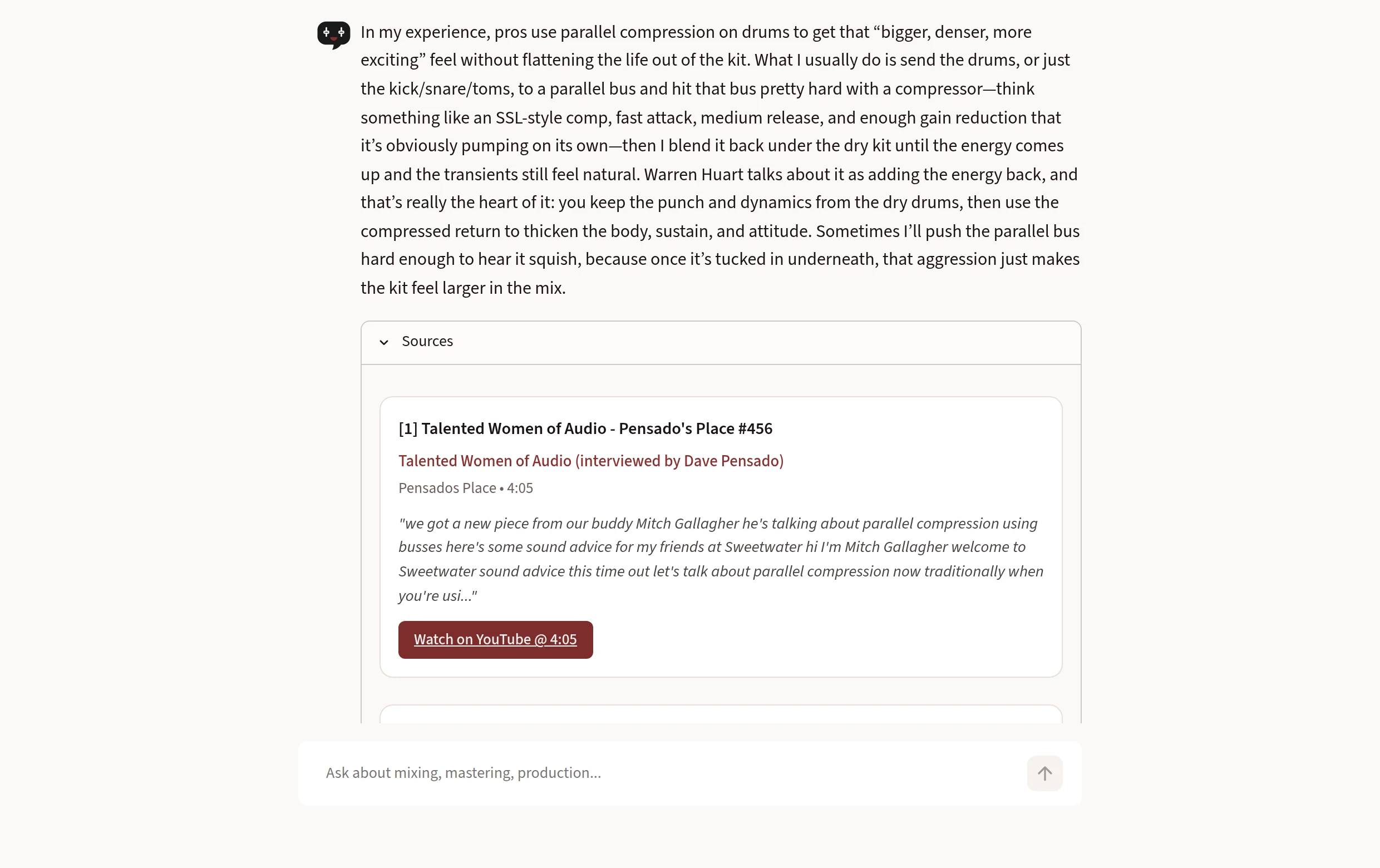 AskManny answer view: a mixing question answered with inline citations and timestamped interview sources