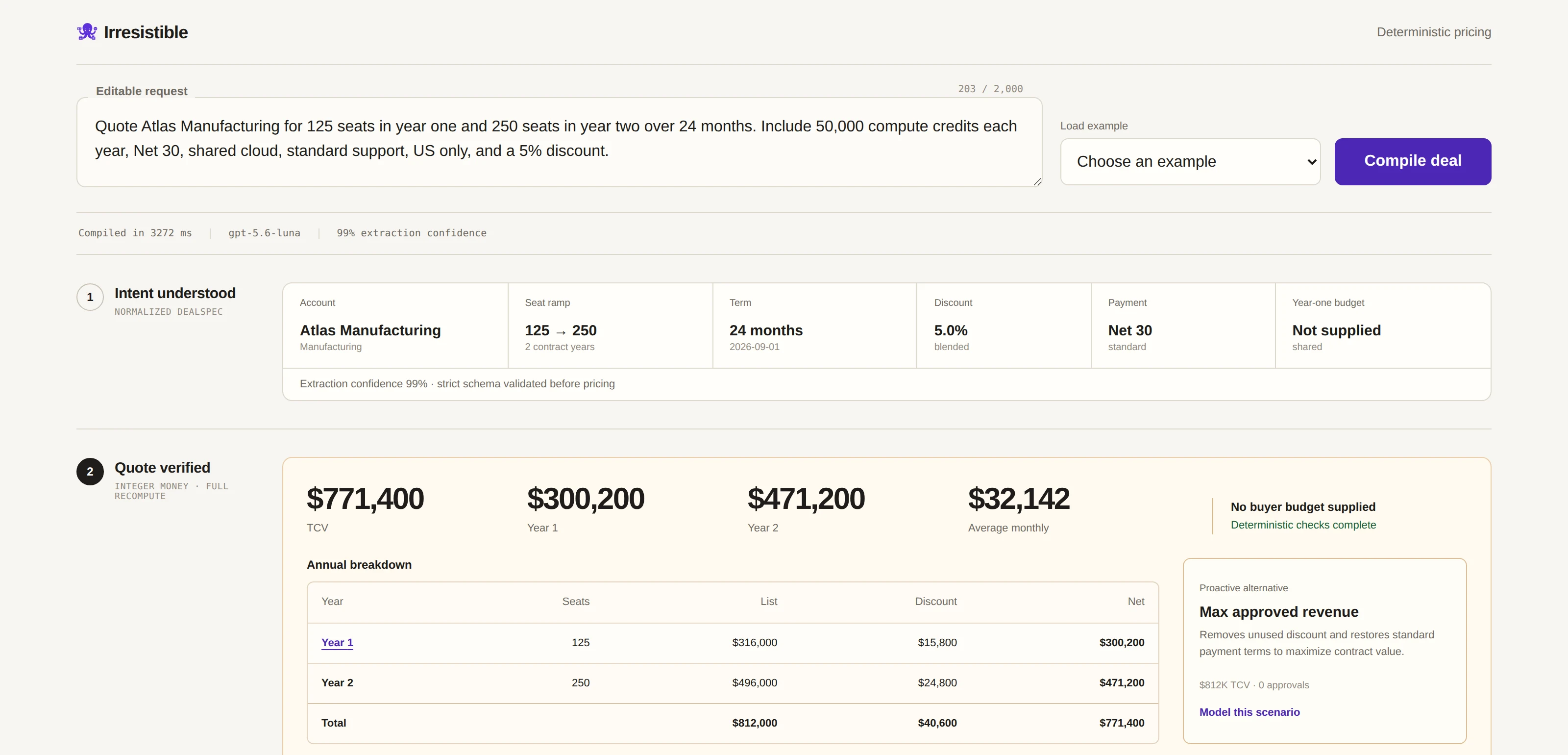 Irresistible quote view: a compiled request, verified totals, annual breakdown, and a proactive alternative