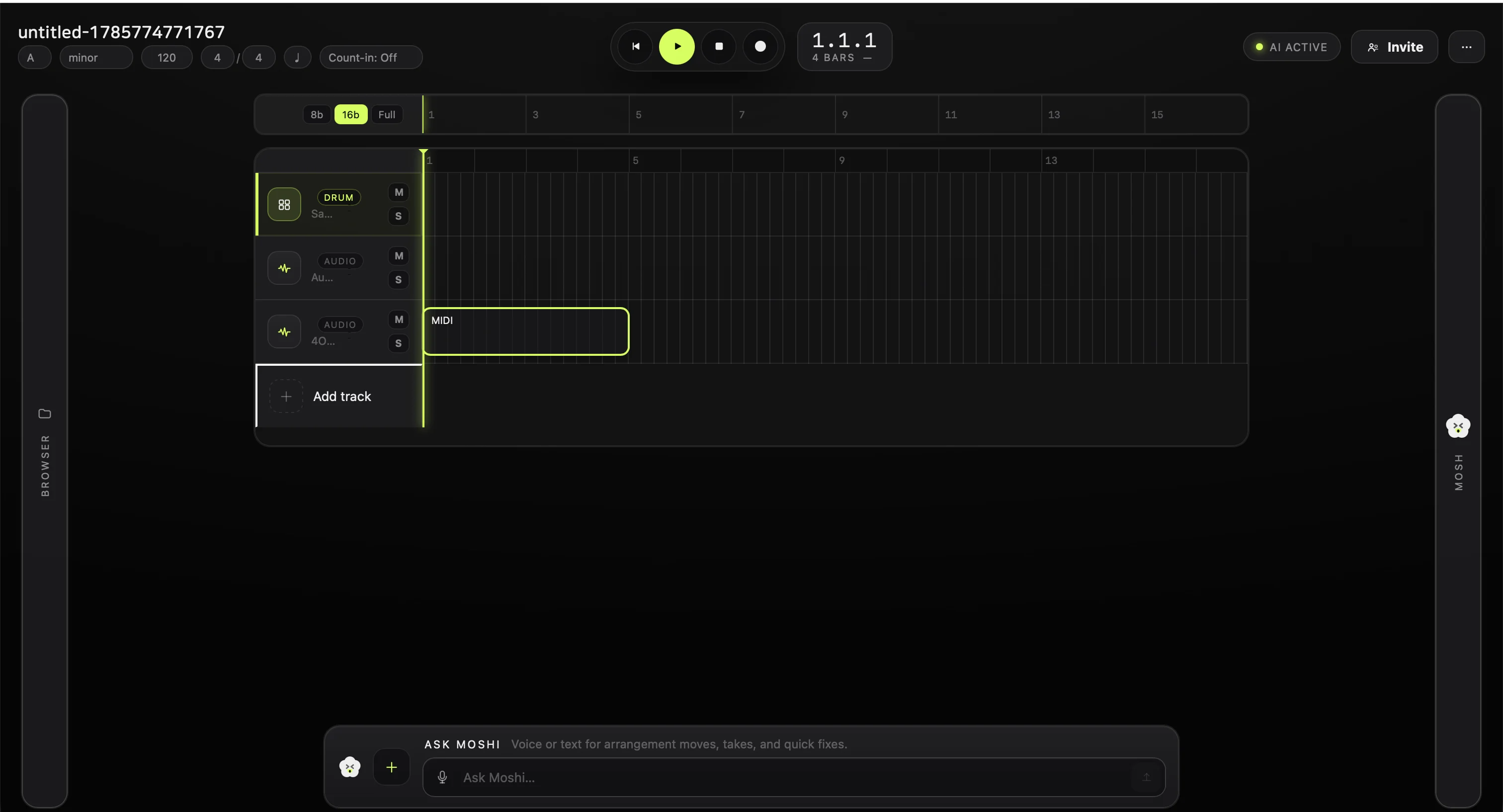 Mosh arrange view: drum and audio tracks, a MIDI clip on the timeline, and the Ask Moshi bar along the bottom